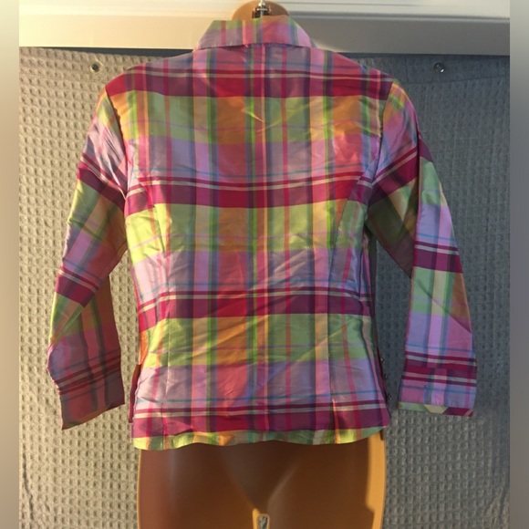 The Denim Tailor Plaid Blouse with Tie 100% Silk - Picture 2 of 4